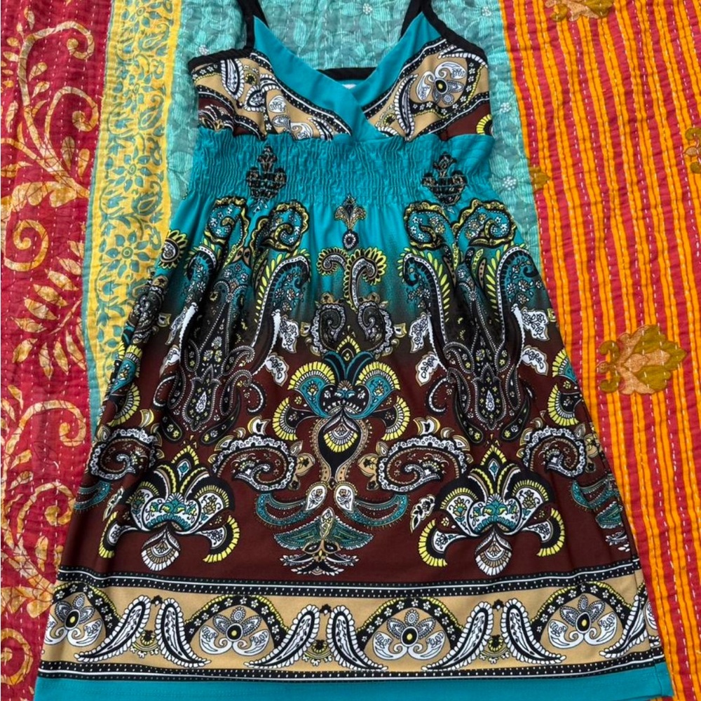 Bailey Blue Paisley Print Sundress in Turquoise and Brown, Size Medium